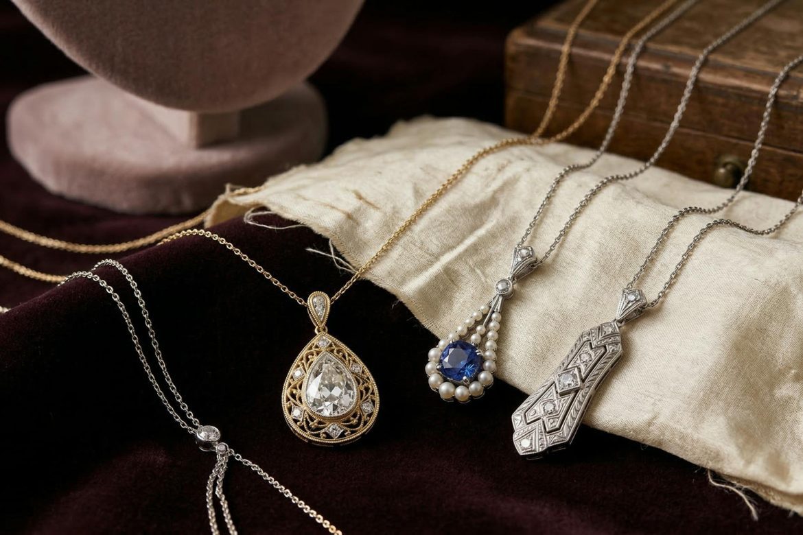 A selection of ornate antique necklaces displayed on luxurious velvet fabric.