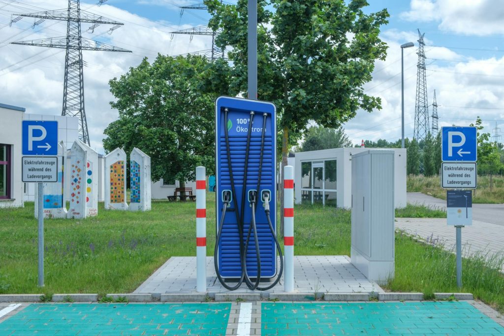 Public charging station with eco-friendly design for electric vehicles.