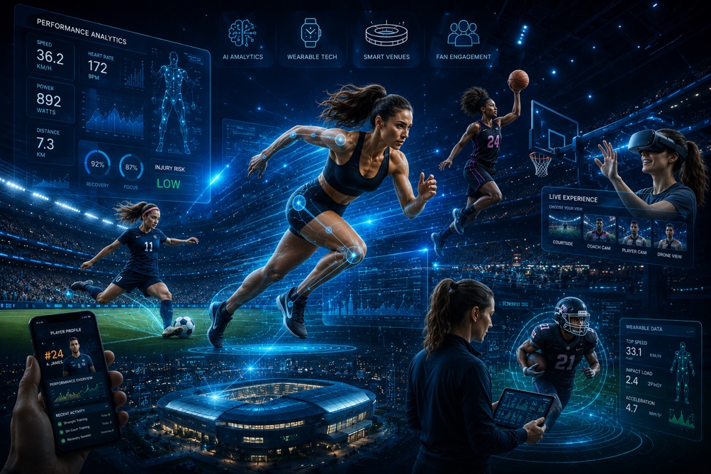 A futuristic montage of athletes overlaid with AI performance analytics, wearable tech data, smart venue displays, and fan engagement interfaces.